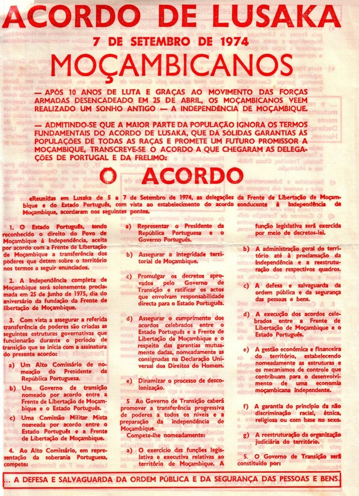 A primeira página do folheto posto a circular aquando do anúncio público, em Moçambique, do acordo entre os militares portugueses e a guerrilha da Frelimo.