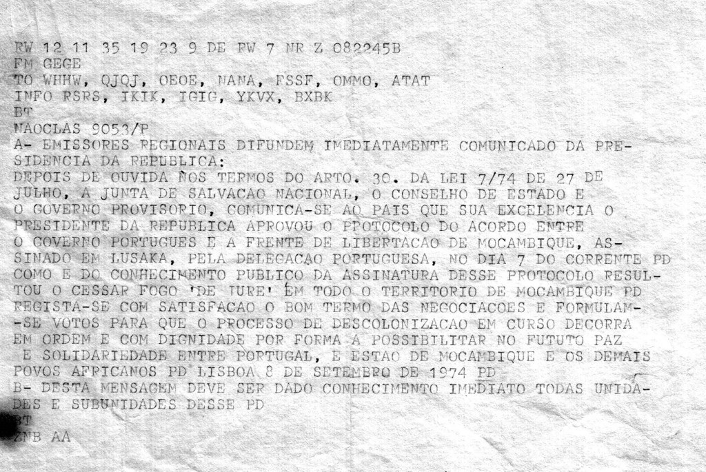 Mensagem circulada no dia 8 de Setembro de 1974. Fonte: História das Transmissões Militares, Portugal.